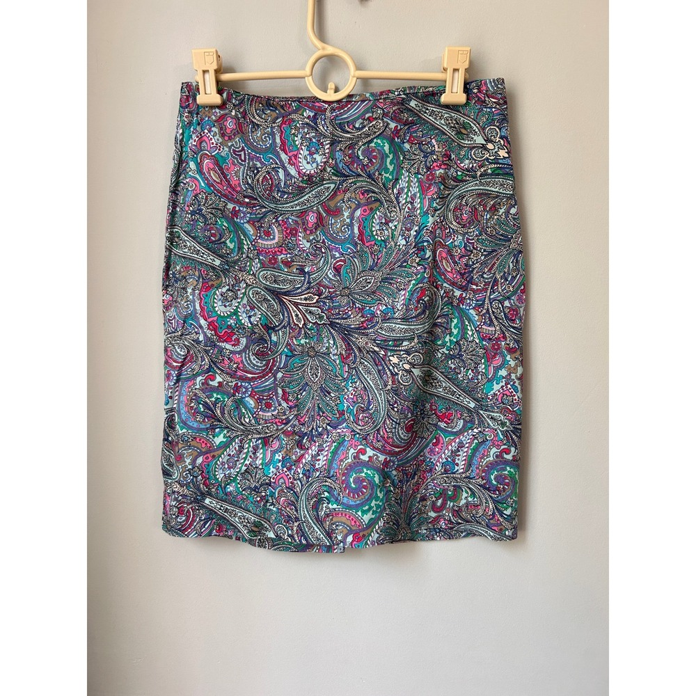 Talbots Petites Blue Pink Paisley Pencil Skirt Size 8P Multi Color Straight Mid